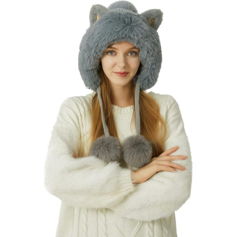 Grey Women's Peruvian Knit Beanie with Ear Flaps, Sherpa Lining, 3 Pom Poms, Ponytail Friendly