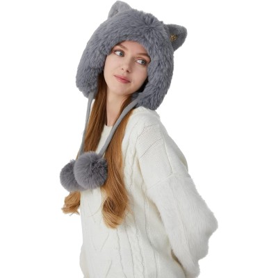 Grey Women's Peruvian Knit Beanie with Ear Flaps, Sherpa Lining, 3 Pom Poms, Ponytail Friendly