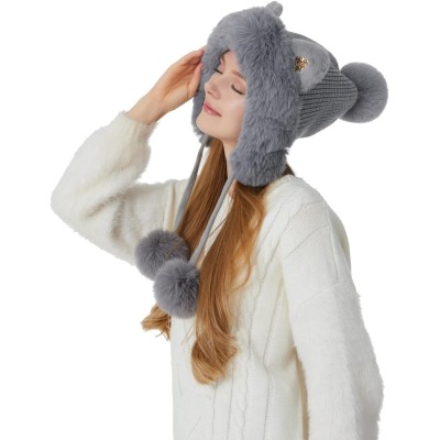 Grey Women's Peruvian Knit Beanie with Ear Flaps, Sherpa Lining, 3 Pom Poms, Ponytail Friendly