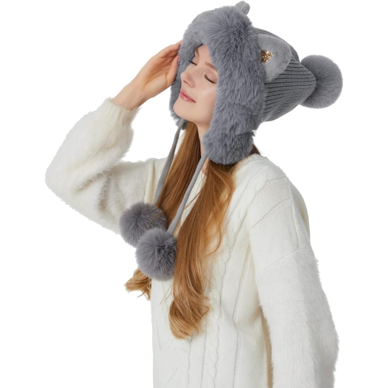 Grey Women's Peruvian Knit Beanie with Ear Flaps, Sherpa Lining, 3 Pom Poms, Ponytail Friendly