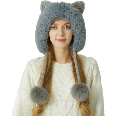 Grey Women's Peruvian Knit Beanie with Ear Flaps, Sherpa Lining, 3 Pom Poms, Ponytail Friendly