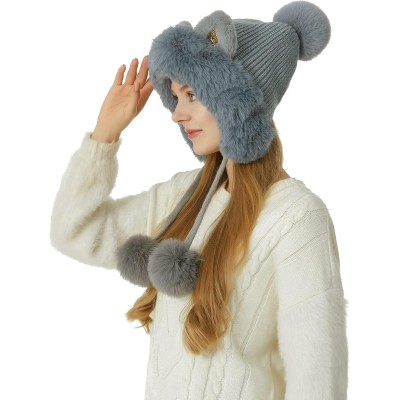 Grey Women's Peruvian Knit Beanie with Ear Flaps, Sherpa Lining, 3 Pom Poms, Ponytail Friendly