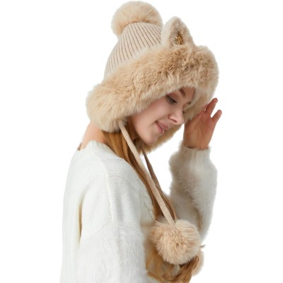 Beige Women's Winter Peruvian Beanie Hat with Ear Flaps and Pom Poms