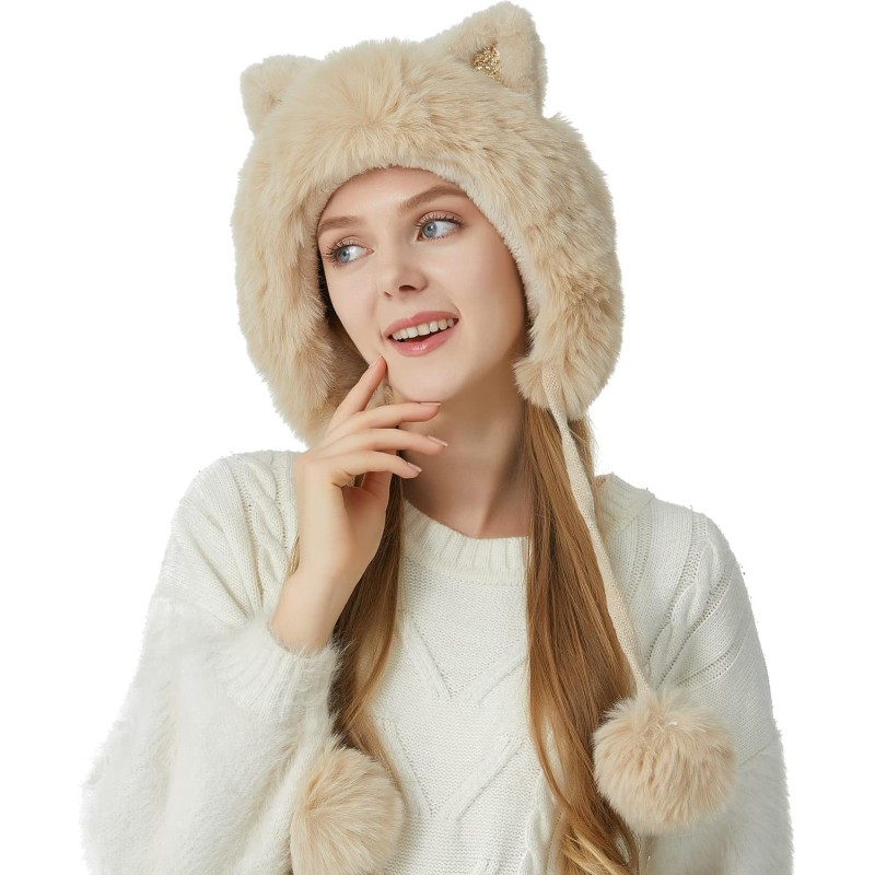 Beige Women's Winter Peruvian Beanie Hat with Ear Flaps and Pom Poms