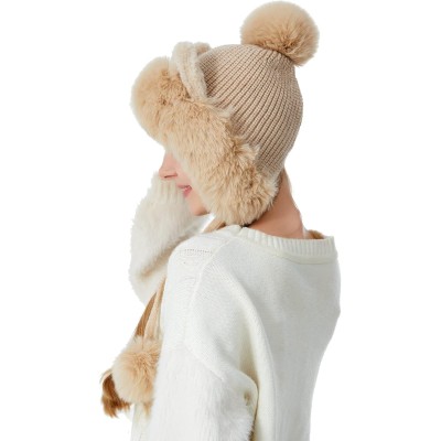Beige Women's Winter Peruvian Beanie Hat with Ear Flaps and Pom Poms