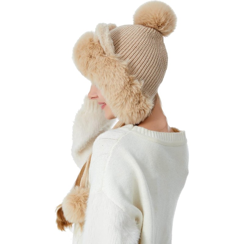 Beige Women's Winter Peruvian Beanie Hat with Ear Flaps and Pom Poms