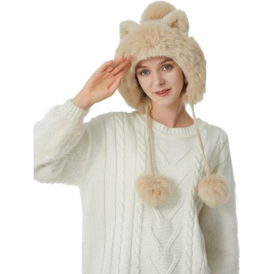 Beige Women's Winter Peruvian Beanie Hat with Ear Flaps and Pom Poms