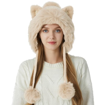 Beige Women's Winter Peruvian Beanie Hat with Ear Flaps and Pom Poms