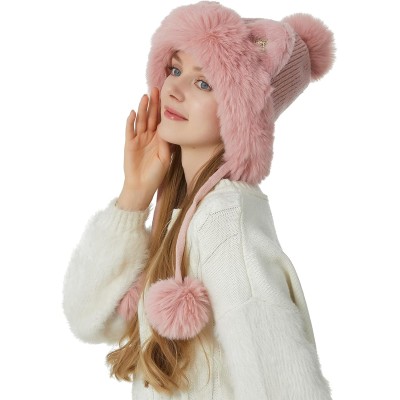 Women's Pink Peruvian Ear Flap Beanie with 3 Pom Poms, Fleece Lined, Ponytail Friendly
