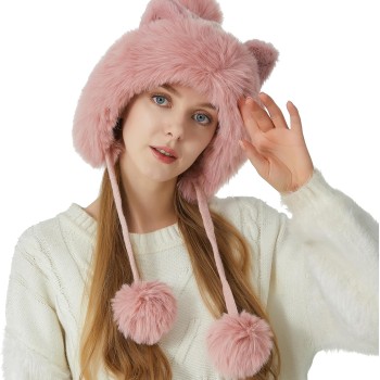 Women's Winter Peruvian Ear Flap Beanie, Fleece Lined 3 Pom Poms, Ponytail Friendly Pink, One Size Women's Winter Peruvian Ear Flap Beanie, Fleece Lined 3 Pom Poms, Ponytail Friendly Pink, One Size