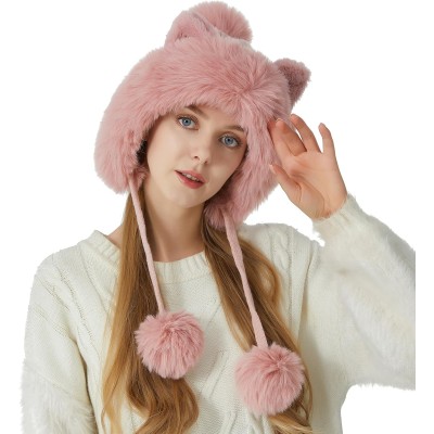 Women's Pink Peruvian Ear Flap Beanie with 3 Pom Poms, Fleece Lined, Ponytail Friendly