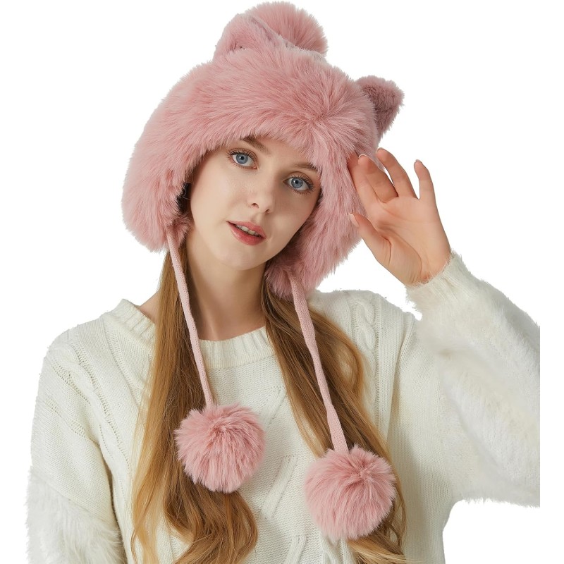 Women's Pink Peruvian Ear Flap Beanie with 3 Pom Poms, Fleece Lined, Ponytail Friendly