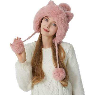 Women's Pink Peruvian Ear Flap Beanie with 3 Pom Poms, Fleece Lined, Ponytail Friendly