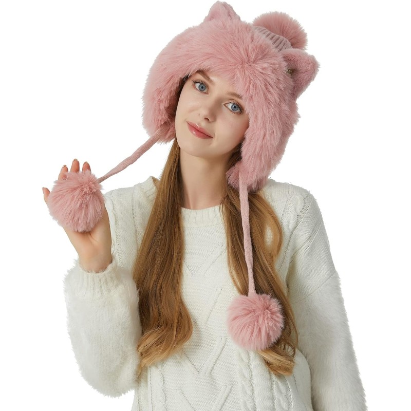 Women's Pink Peruvian Ear Flap Beanie with 3 Pom Poms, Fleece Lined, Ponytail Friendly