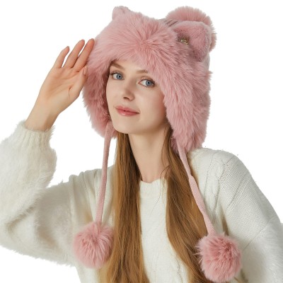 Women's Pink Peruvian Ear Flap Beanie with 3 Pom Poms, Fleece Lined, Ponytail Friendly