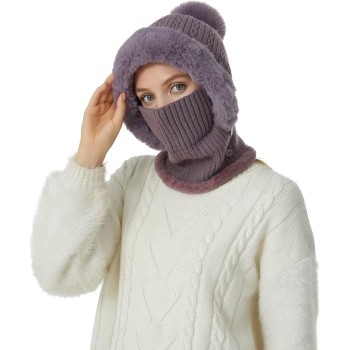 Women's Purple One-Piece Balaclava Beanie Scarf Winter Fleece Lined Ski Hat Cold Weather One Size